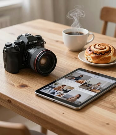 Professional camera gear and a tablet displaying social media layouts resting on a rustic, clean-lined light oak dining table. Soft Northern European morning light illuminates a freshly baked cardamom bun next to a steaming cup of coffee. Cozy, minimalist Scandinavian aesthetic.