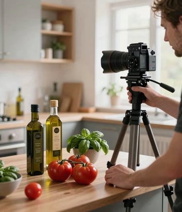 Behind-the-scenes shot in a brightly lit, modern Copenhagen kitchen studio. A digital creator adjusts a tripod over an arrangement of heirloom tomatoes, fresh basil, and handmade olive oil bottles. The atmosphere is warm, natural, and collaborative.