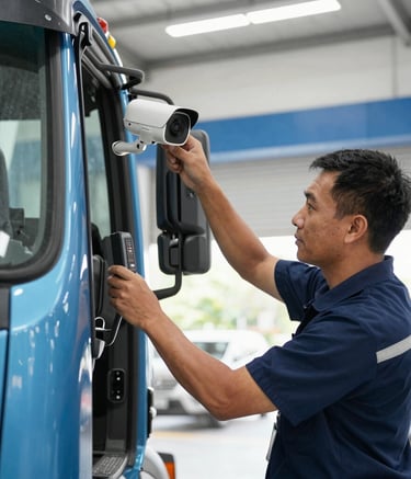 A professional technician in Southeast Asian attire installing a sophisticated, compact CCTV camera and GPS unit inside the driver cabin of a large commercial truck, sharp focus, natural morning lighting, modern workshop background with navy and light blue accents.