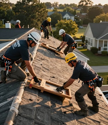 A professional roofing crew wearing safety gear and branded uniforms working efficiently on a large residential property in a North American setting. The composition is dynamic yet organized, illustrating the expertise and teamwork involved in a full-scale roof restoration project. Warm, late afternoon light.