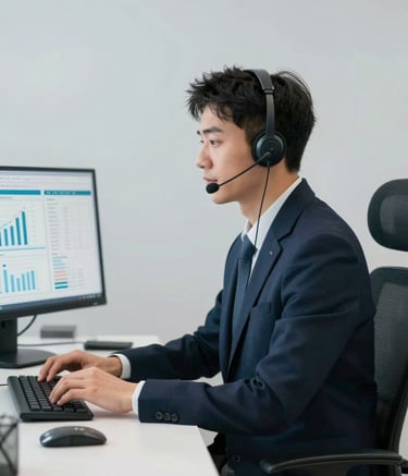 A professional telemarketing agent wearing a high-end headset, sitting in a clean, minimal, modern office space. They are focused on a screen showing data analytics. The composition is a medium shot with a shallow depth of field, using a palette of navy and teal tones.