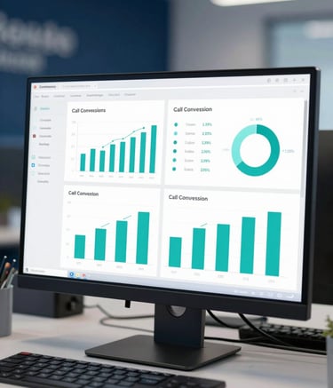 A high-tech digital dashboard displayed on a sleek monitor in a modern office. The screen shows teal and white bar charts representing call conversion data and compliance metrics. The lighting is cool and professional, with hints of navy blue branding in the background.