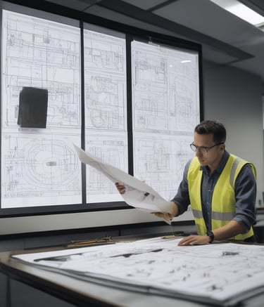 A team of engineers reviewing blueprints on a construction site at sunrise.