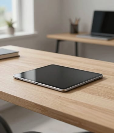 A sharp, cinematic photograph of an Android tablet resting on a clean, light wood desk in a modern North American home office. The lighting is soft and natural, with subtle sky blue and off-white accents in the room's minimalist decor.