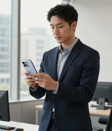 A professional portrait of a tech worker in a sleek North American urban office setting, holding a high-end Android smartphone. The composition uses soft daylight from a large window with a palette of deep navy and clean off-white.
