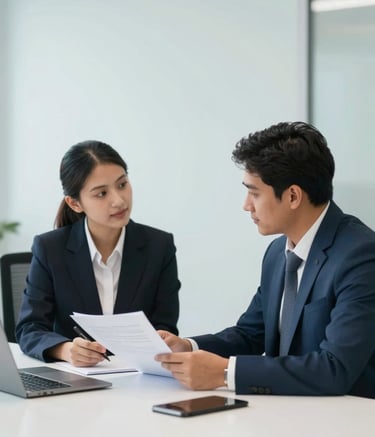 A professional consultation taking place in a minimalist Gurugram office. Two professionals in business attire are discussing documents over a clean desk. Corporate, efficient atmosphere featuring #0A192F and #E8EDF3 accents.