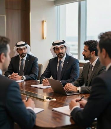 Close-up of a high-end meeting room in a Middle Eastern corporate setting. A group of diverse professionals in business attire collaborating around a sleek dark wood table. Soft natural light, luxury minimal decor with gold details.