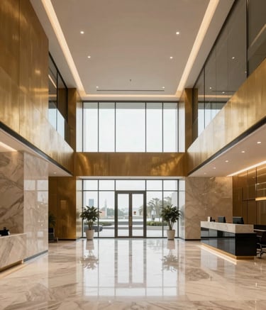 Wide angle shot of a minimalist, high-end corporate office lobby in Baghdad, featuring sleek architecture with soft lighting. Warm gold accents on the walls, polished marble floors, and large glass windows. A professional and sophisticated Middle Eastern setting.