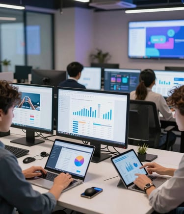 A sleek office meeting room with professionals discussing business plans.