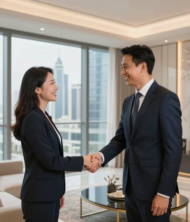 A modern real estate building with a clear blue sky backdrop.