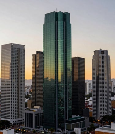 A panoramic photography of a contemporary South American financial district at sunset. The lighting is warm yet professional, highlighting clean lines of skyscrapers. The color palette incorporates deep greens and sophisticated grays.