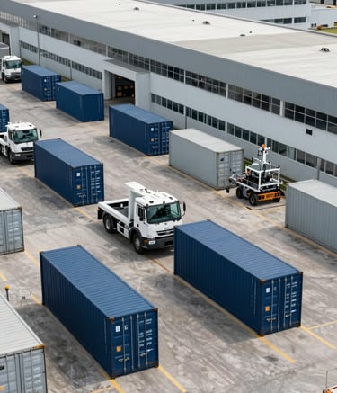 A high-angle photography shot of a large, modern industrial distribution center in South America. The scene features organized shipping containers and professional logistics machinery. The lighting is crisp daylight, with a color palette of dark blue and light grey reflecting a clean and efficient environment.