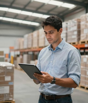 Photography of a professional logistics manager in a modern industrial setting in South America. They are holding a digital tablet, overseeing the movement of goods in a bright, clean warehouse. The lighting is professional and soft, emphasizing a solution-oriented and trustworthy atmosphere.