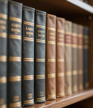 A close-up shot of a classic library bookshelf with professional gold-embossed books, symbolizing authority and knowledge. The lighting is warm and academic, highlighting textures of paper and leather in shades of #4A4A4A and #B4936B.