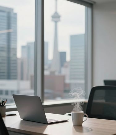 A bright, modern professional office space in Toronto, Canada. A large window shows a soft blurred cityscape. On a clean desk sits a laptop and a steaming mug. The lighting is natural and warm, creating a sense of clarity and professionalism. The color palette features steel blue and soft grey tones.