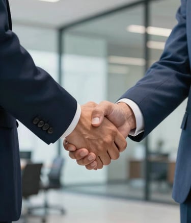 A close-up of a reassuring handshake between two professionals in a North American business setting. The focus is on the connection and trust, with soft lighting and a background of a modern architectural office. Professional attire in navy and light blue tones.