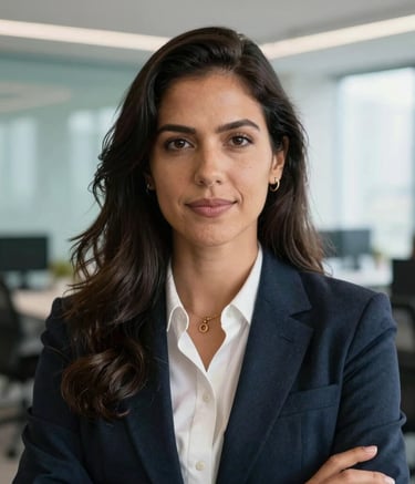 A professional portrait of a confident Brazilian creative strategist in a modern office environment. Soft natural lighting illuminating their face, dressed in smart-casual attire. The background is a softly blurred South American marketing agency with hints of light blue and white decor.