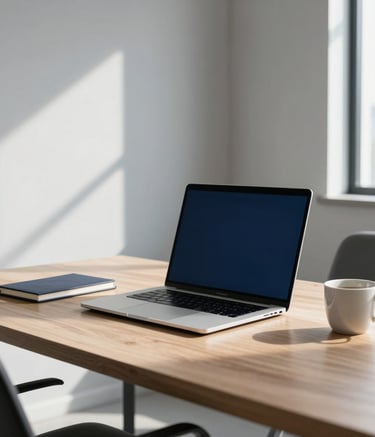 A minimalist and modern workspace in a Brazilian office. A high-end laptop sits on a clean wooden desk next to a notebook and a ceramic cup. Soft afternoon sunlight streams through a window. The aesthetic is clean and professional with light grey and dark blue tones.