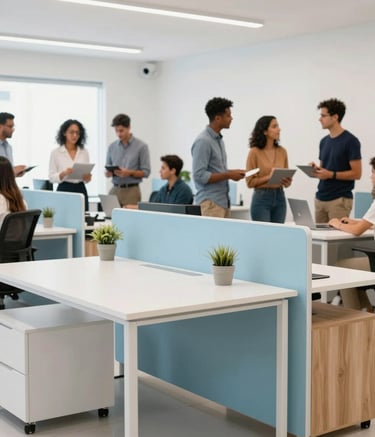 A bright and airy South American marketing studio. A group of Brazilian professionals are seen collaborating in the background. The foreground features clean office furniture. The mood is energetic yet professional, with a palette of white, light blue, and wood.