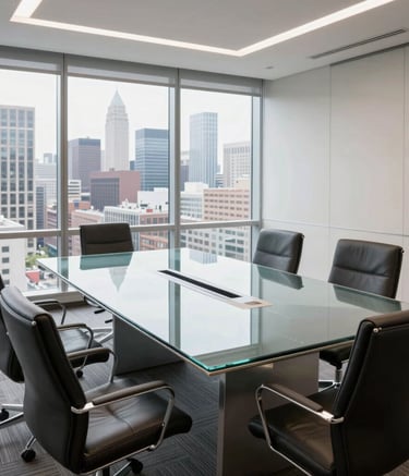 A high-angle shot of a bright, modern North American conference room with a large glass table and leather chairs, overlooking a clean city skyline, reflecting professionalism and legal authority.