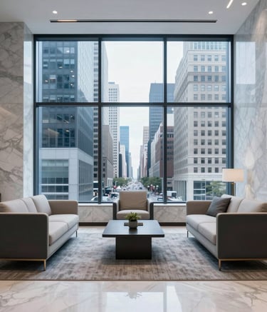 An interior shot of a sophisticated law firm lobby in the US, featuring minimalist furniture, marble accents, and a large windows overlooking a vibrant city, in a slate blue and white color scheme.