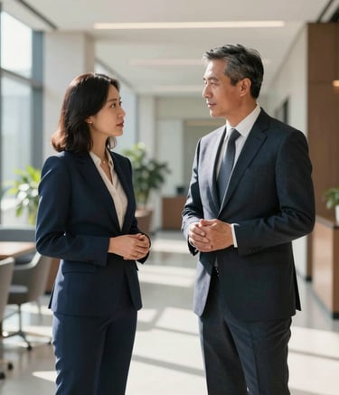 Two legal professionals in sharp North American business attire standing in a sleek, sunlit office lobby, engaged in a professional discussion, representing trust and modern legal expertise.