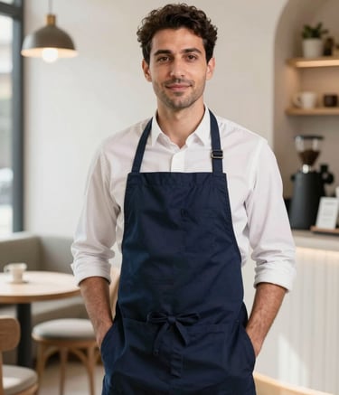 A professional portrait of a Turkish coffee consultant in a minimalist navy apron standing in a bright, modern Anatolian coffee shop, soft natural lighting, looking confident and trustworthy, premium minimalist background.