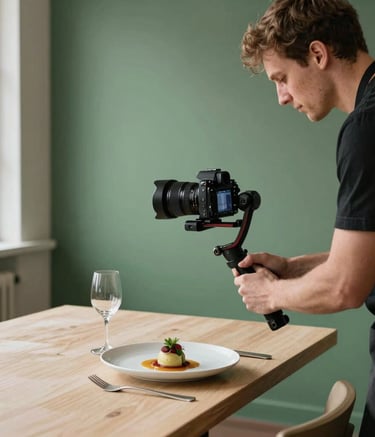 A professional content creator in a minimalist Scandinavian restaurant setting, using a gimbal-mounted camera to film a chef plating a modern dish. Soft natural light, with Crisp Parchment and Matte Forest Green interior accents.