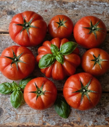 A high-angle flat lay of organic heirloom tomatoes and fresh basil on a rustic wooden table in a Northern European farm kitchen. Natural morning light creates soft shadows, featuring earthy tones of Deep Ripe Crimson and Stone.