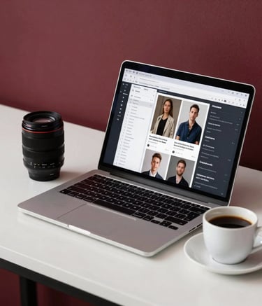 A professional digital workspace in a modern Stockholm studio. A laptop displays social media analytics next to a camera lens and a fresh cup of coffee. The setting is clean and minimalist with Crisp Parchment and Deep Ripe Crimson accents, reflecting a professional Scandinavian agency vibe.