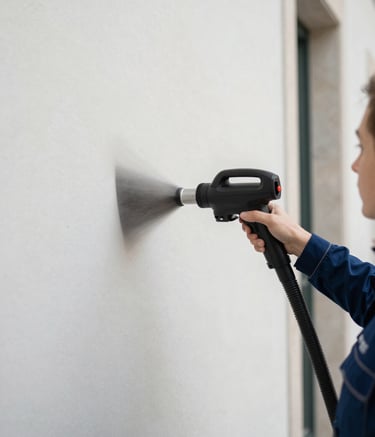 Close-up of a professional using a specialized steam cleaner on a delicate architectural surface in a modern European / Portuguese building. Soft natural lighting, clean composition with dark blue and mist white accents.