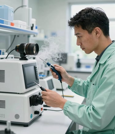 Professional cleaning technician in a European / Portuguese laboratory setting, meticulously cleaning high-tech equipment with specialized tools. Sharp focus, bright and clean atmosphere with mist white and light green tones, professional attire.