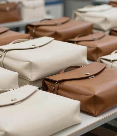 Neatly packaged premium leather goods in a modern South Asian / Indian export facility. Soft off-white and medium brown tones, clean minimal composition, professional and trustworthy atmosphere, natural lighting.