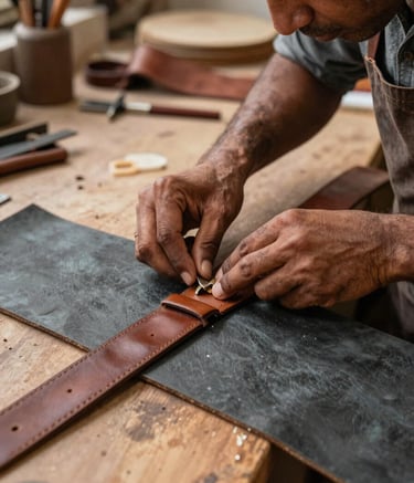 A professional South Asian / Indian leather artisan working diligently on a premium brown leather belt in a clean, well-lit workshop. Warm, earthy tones, natural lighting, highlighting craftsmanship and high-quality dark slate grey and brown leather textures.