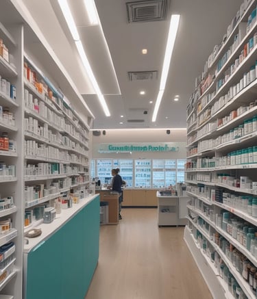 A community pharmacy storefront with a welcoming teal and white sign.