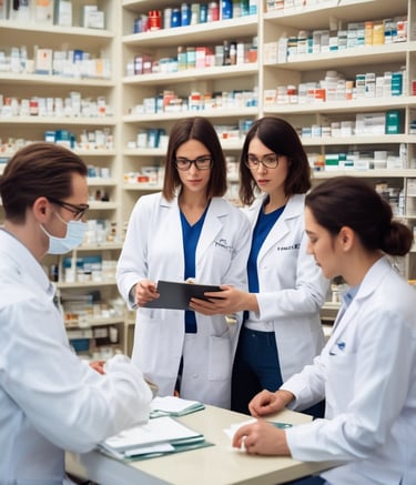 Pharmacy staff engaged in a hands-on training session led by a consultant.