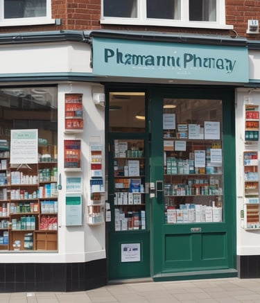 A community pharmacy storefront with a welcoming teal and white sign.
