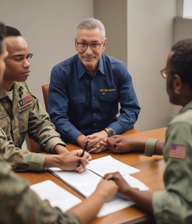 Veterans sharing a meal together in a bright, inviting dining area.