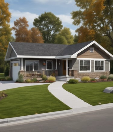 Exterior view of a welcoming group home with a garden and American flag.
