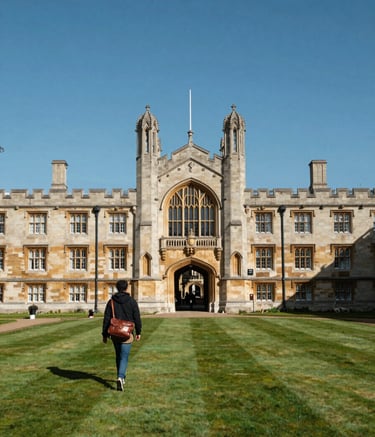 A wide-angle, high-quality shot of a historic UK university campus with stone architecture and manicured green lawns. The sky is a clear steel blue. In the foreground, a student carrying a leather bag walks confidently toward a grand entrance, symbolizing the bridge to a new future.
