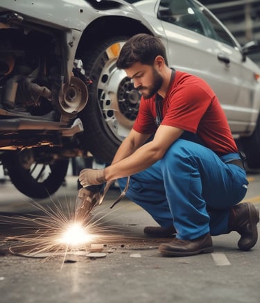 A technician replacing brake pads on a modern vehicle in a clean garage.