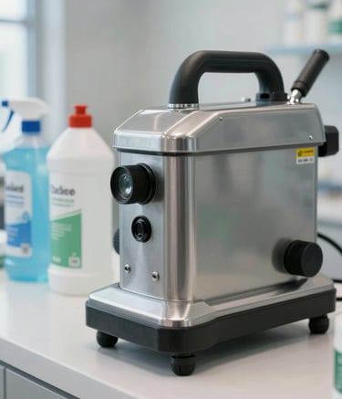 Detailed close-up of professional cleaning equipment and eco-friendly supplies in a bright, modern commercial space in Central Europe / Germany. The lighting is crisp and natural, highlighting textures of steel and glass with soft blue and white tones.