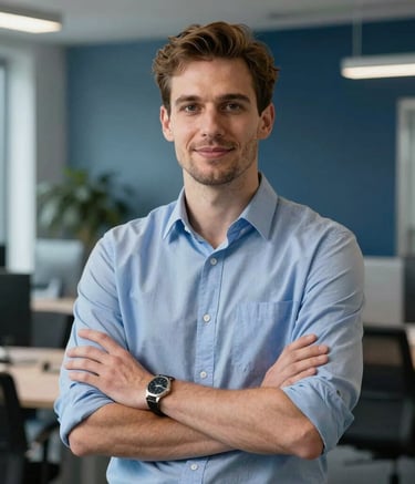 Portrait of a professional service manager in a modern German office setting, looking confident and friendly. The environment is clean and professional with soft blue and deep navy accents in the decor.