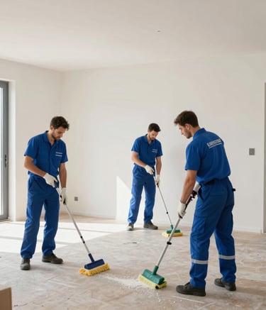 A professional cleaning crew in branded blue uniforms performing a meticulous final cleanup of a newly constructed modern apartment in Germany. Wide angle shot, bright daylight, showcasing professionalism and attention to detail.