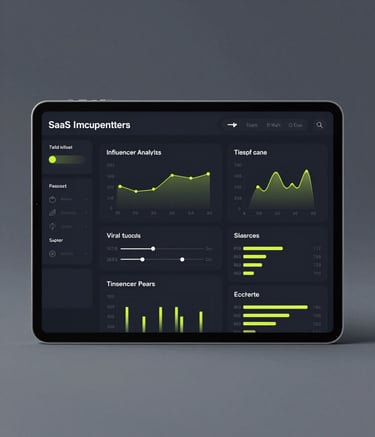 A high-tech SaaS interface displayed on a sleek tablet. The screen shows data-driven influencer analytics, viral trend charts, and campaign ROI metrics in neon yellow and white against a dark UI. Minimalist studio background with #0C0C0C and #2C3E50 tones.