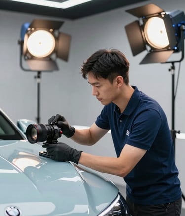 A focused influencer in a North American / Canadian professional studio setting, capturing high-quality video of a car detailer working on a luxury vehicle. The scene is illuminated by sleek, modern studio lights, featuring accents of Muted Petrol Blue and Arctic Mist.