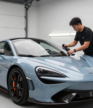 A sleek, high-end sports car in a modern Calgary garage. A professional detailer is applying a ceramic coating, with soft lighting reflecting off the Arctic Mist colored paint. The environment is clean and professional.