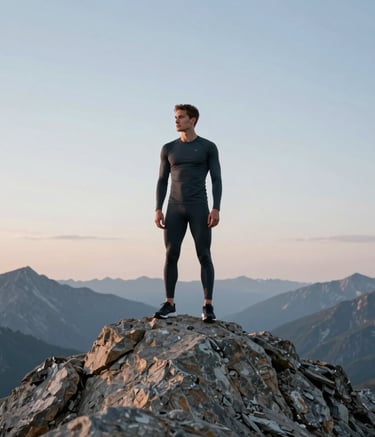 A wide shot of a fit man in premium charcoal activewear standing atop a mountain peak in the North American Rockies at dawn. Soft, cool lighting with a minimalist and high-end aesthetic, conveying power and scale.