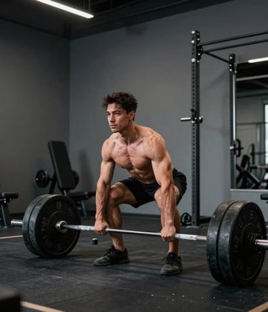 A cinematic action shot of a man performing a heavy deadlift in a minimalist, high-end gym. Strong highlights on muscle definition, professional fitness photography style with charcoal grey walls and black equipment, set in a modern North American facility.
