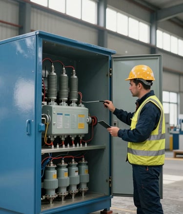 A focused shot of a professional engineer in a Turkish / Anatolian industrial setting, wearing safety gear and inspecting a large steel blue electrical compensation panel with intricate wiring and components, natural daylight from high warehouse windows.